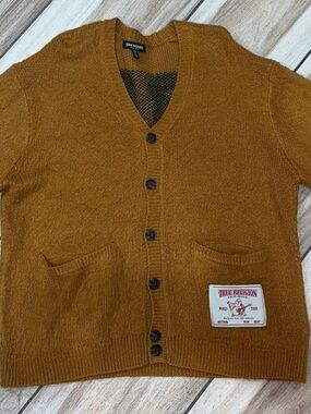 True Religion Womens Mustard Brown V-Neck Button Cardigan